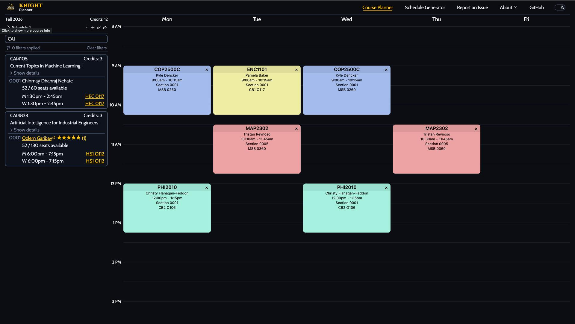 Knight Planner showing a generated weekly UCF course schedule