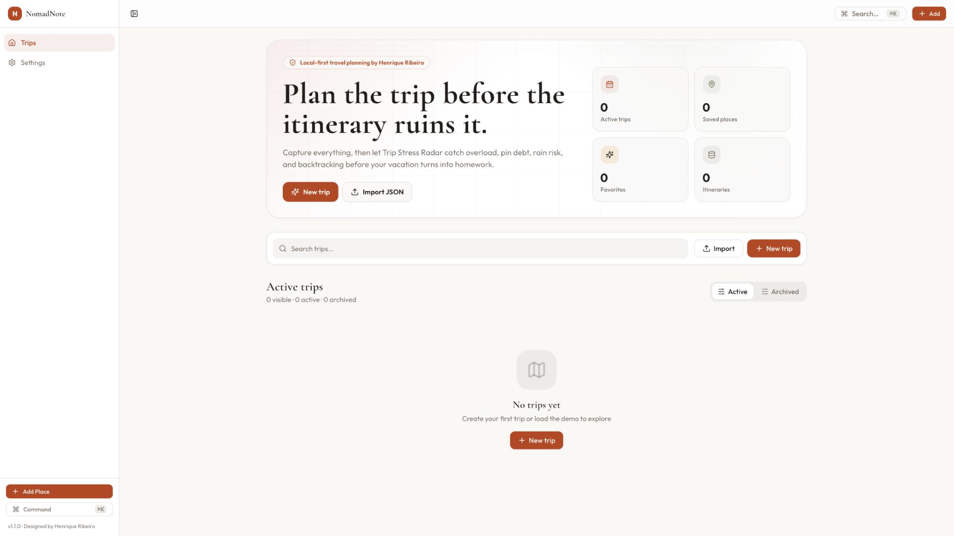 NomadNote local-first travel planning dashboard